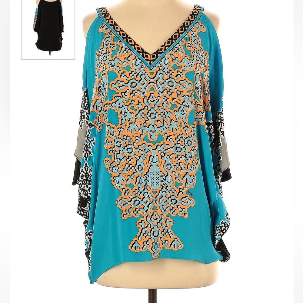 Hale Bob silk cold shoulder kaftan ornate print v-neck short sleeve blouse small